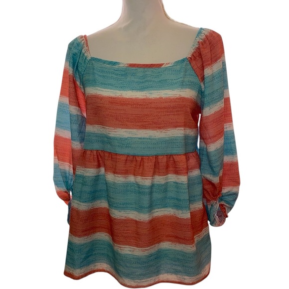 Bibi Stripe Printed Bubble Woven Balloon Sleeve Top in Coral and Jade SZ MD - Picture 1 of 10